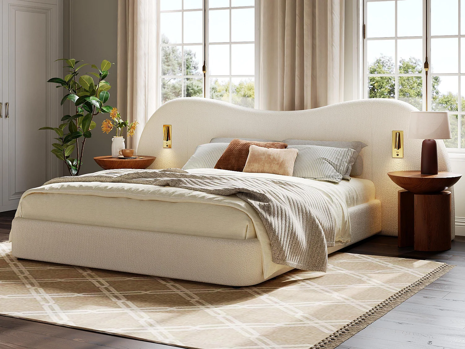 Lit coffre rembourré 180x200 cm - avec USB et lampe de lecture - Tissu bouclé - Blanc (sans matelas)