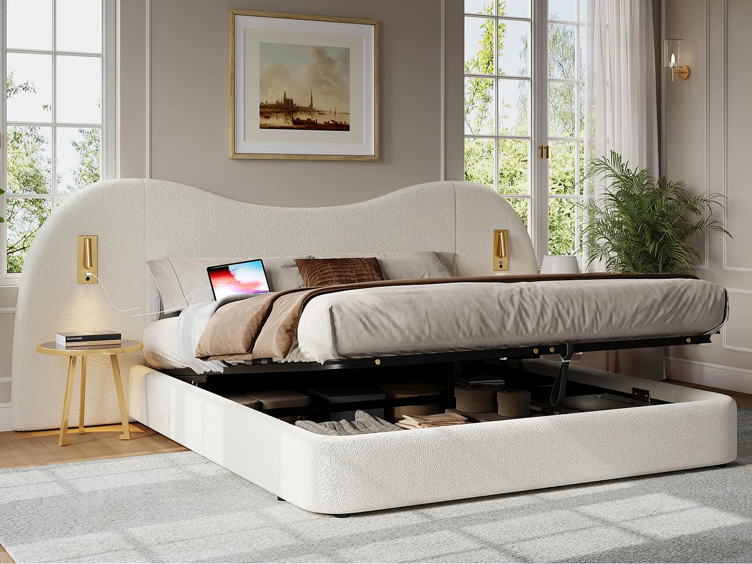 Lit coffre rembourré 180x200 cm - avec USB et lampe de lecture - Tissu bouclé - Blanc (sans matelas)