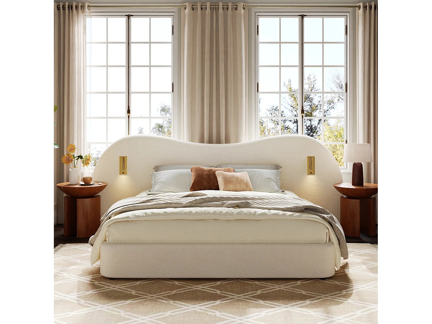 Lit coffre rembourré 180x200 cm - avec USB et lampe de lecture - Tissu bouclé - Blanc (sans matelas)