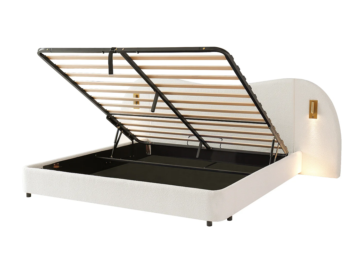 Lit coffre rembourré 180x200 cm - avec USB et lampe de lecture - Tissu bouclé - Blanc (sans matelas)