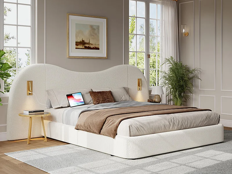 Lit coffre rembourré 180x200 cm - avec USB et lampe de lecture - Tissu bouclé - Blanc (sans matelas)