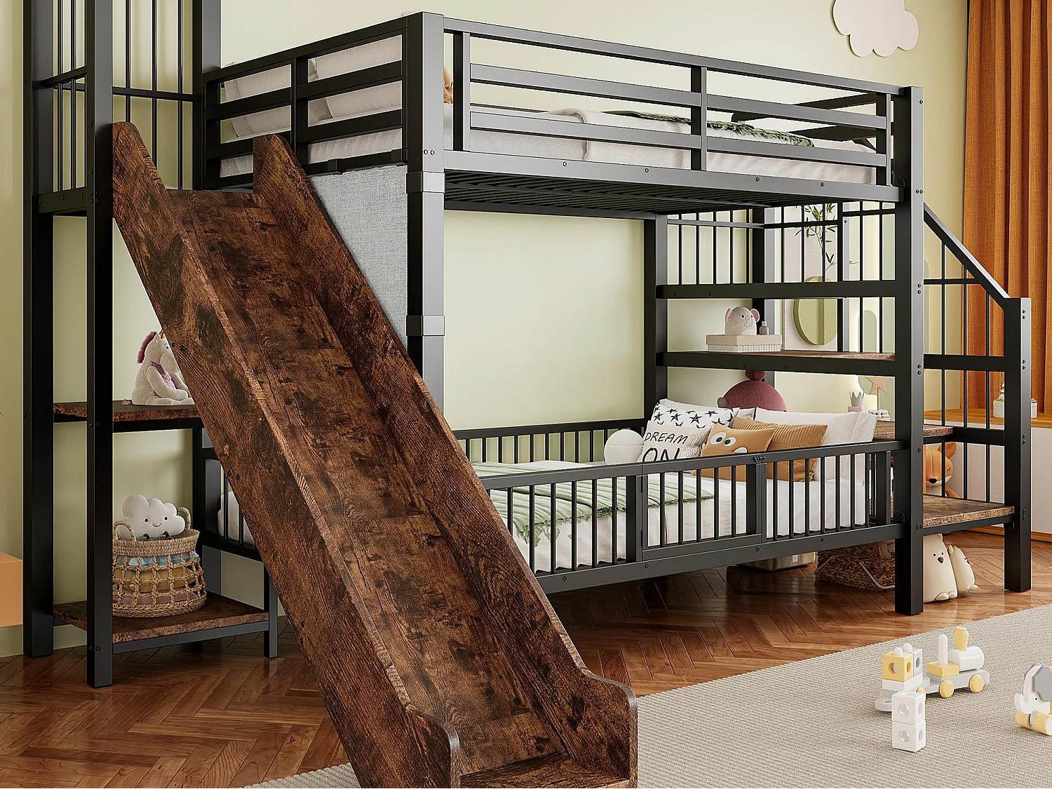 Lit superposé enfant en métal 90x200cm - avec toboggan - avec barrières de sécurité - avec escalier - avec étagère de rangement - noir (matelas non inclus)