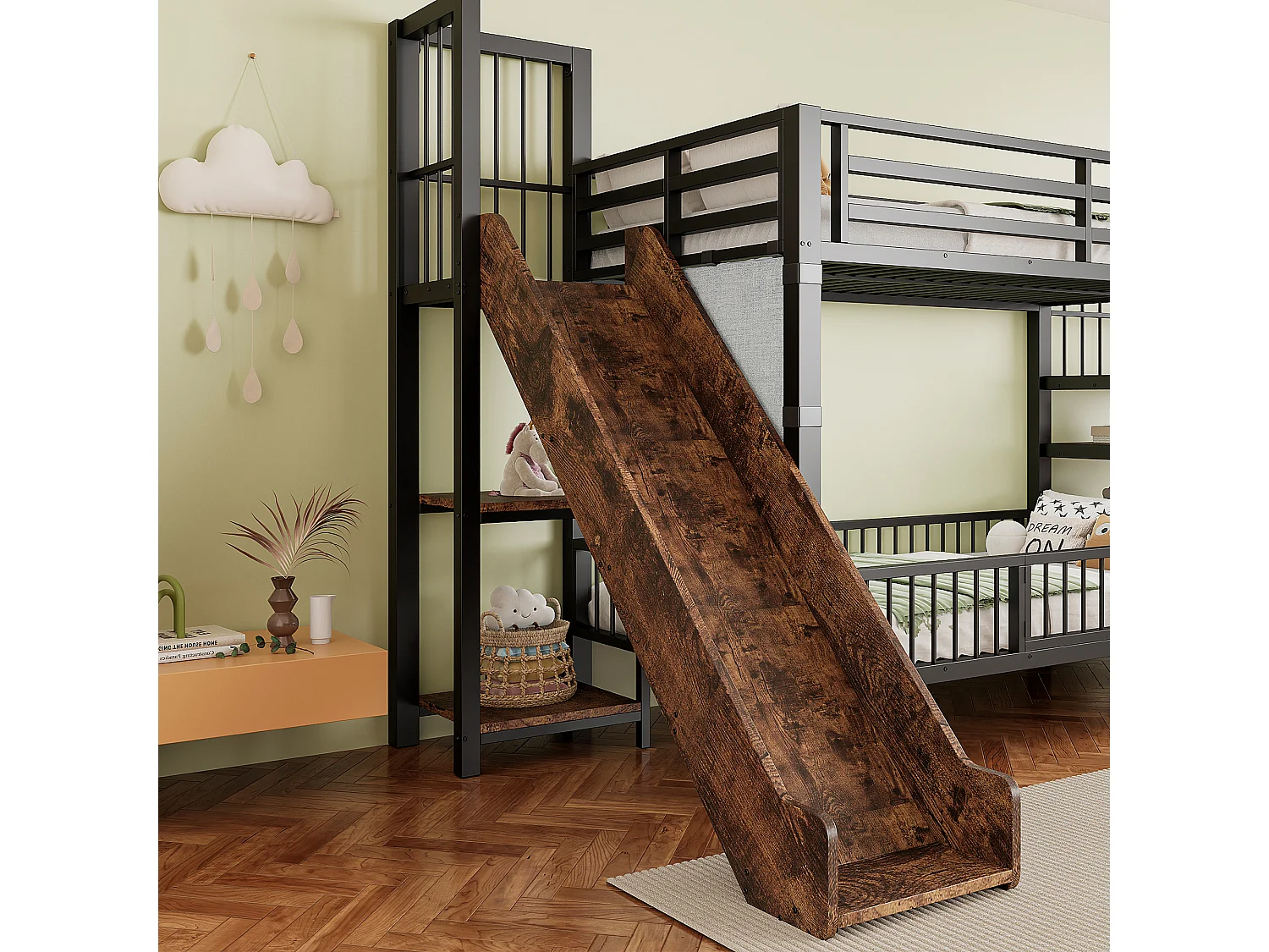 Lit superposé enfant en métal 90x200cm - avec toboggan - avec barrières de sécurité - avec escalier - avec étagère de rangement - noir (matelas non inclus)