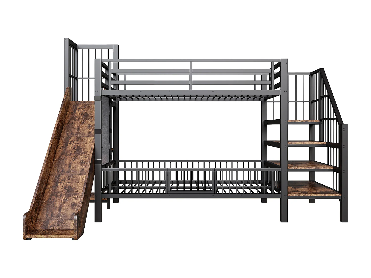 Lit superposé enfant en métal 90x200cm - avec toboggan - avec barrières de sécurité - avec escalier - avec étagère de rangement - noir (matelas non inclus)
