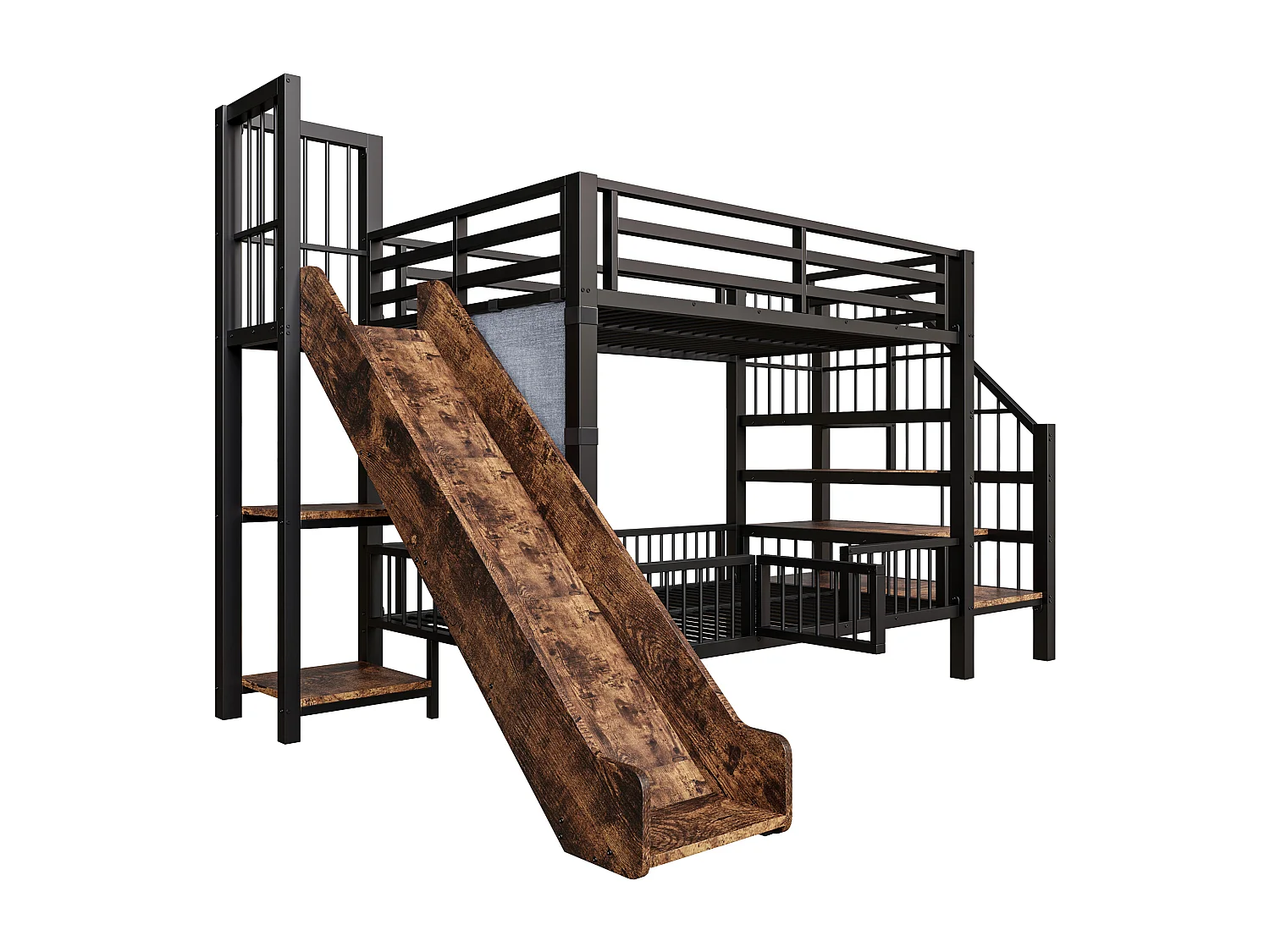 Lit superposé enfant en métal 90x200cm - avec toboggan - avec barrières de sécurité - avec escalier - avec étagère de rangement - noir (matelas non inclus)