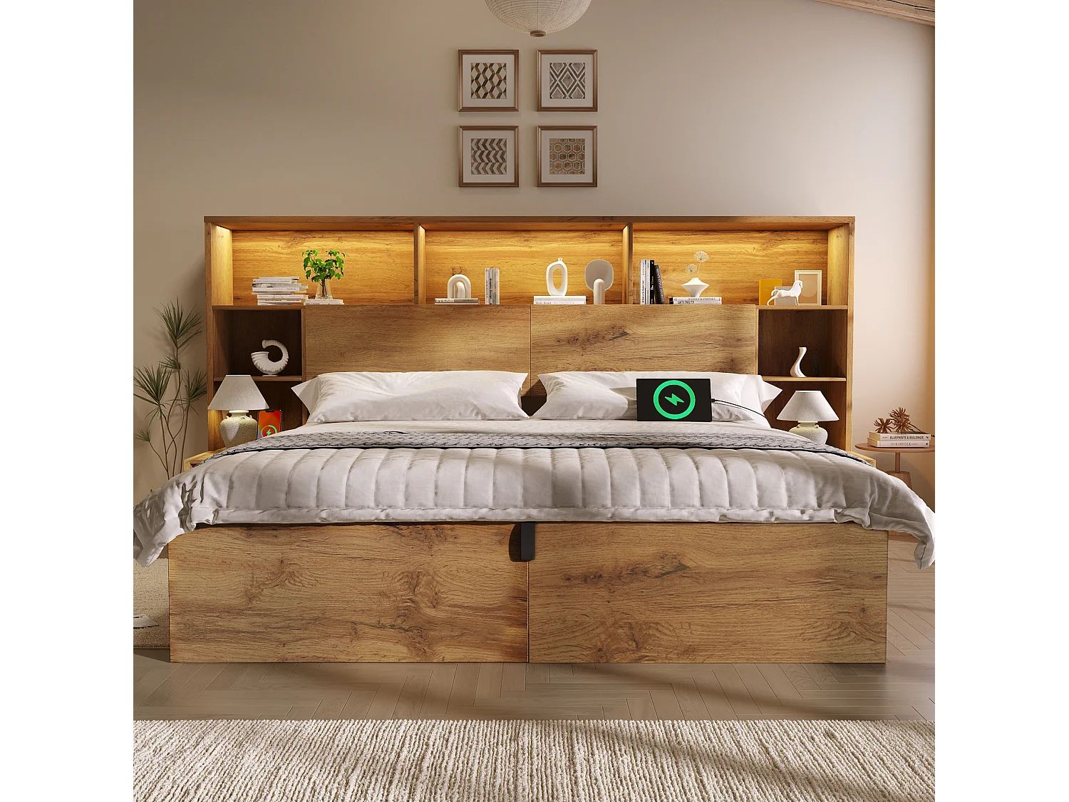 Lit coffre adulte 180x200cm à texture chêne - avec lumière LED et port USB-C - avec table de chevet intégrée - avec étagère - couleur chêne
