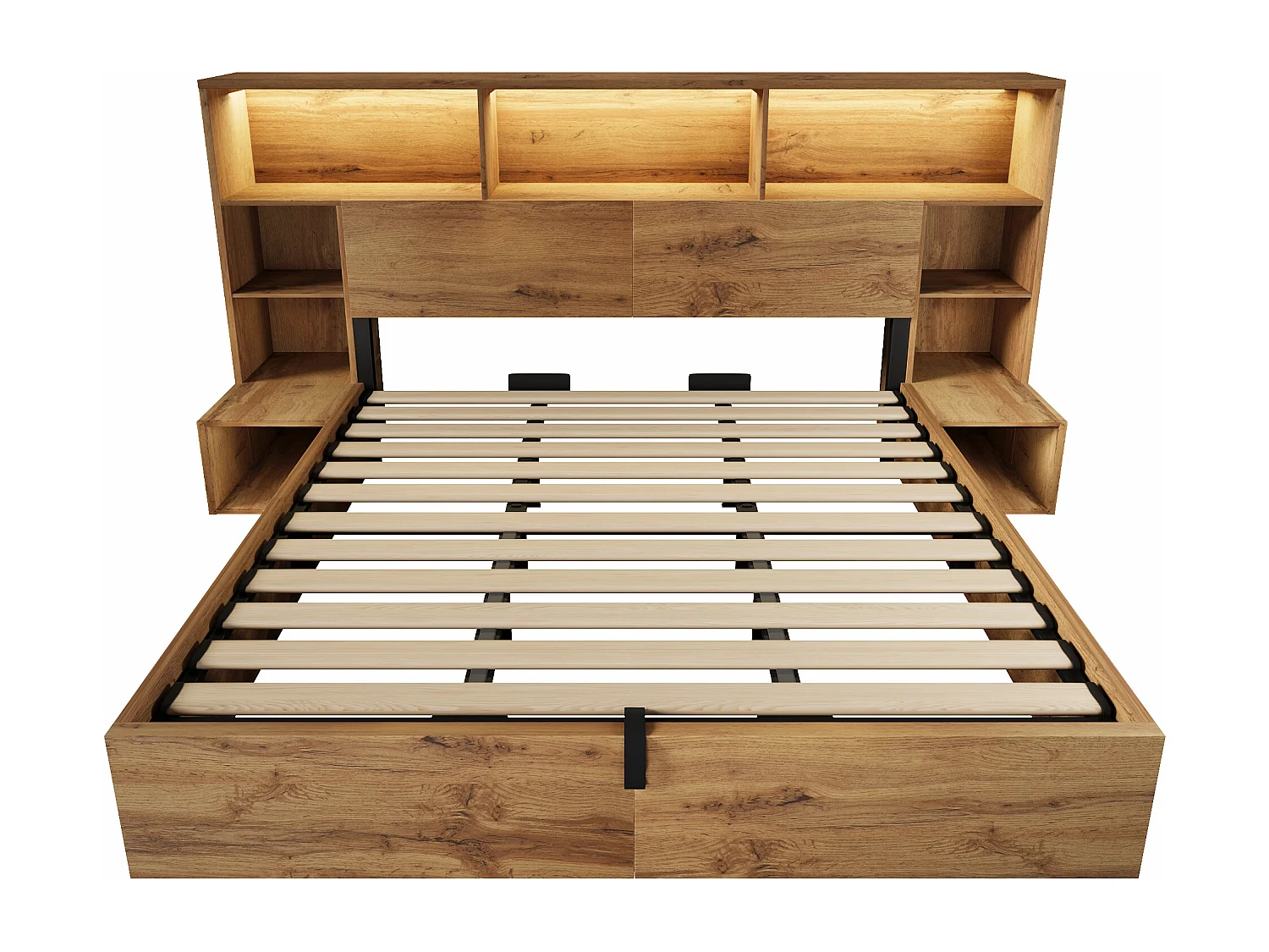 Lit coffre adulte 180x200cm à texture chêne - avec lumière LED et port USB-C - avec table de chevet intégrée - avec étagère - couleur chêne
