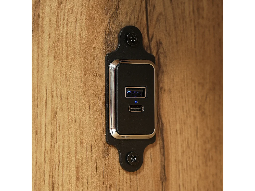 Lit coffre adulte 180x200cm à texture chêne - avec lumière LED et port USB-C - avec table de chevet intégrée - avec étagère - couleur chêne