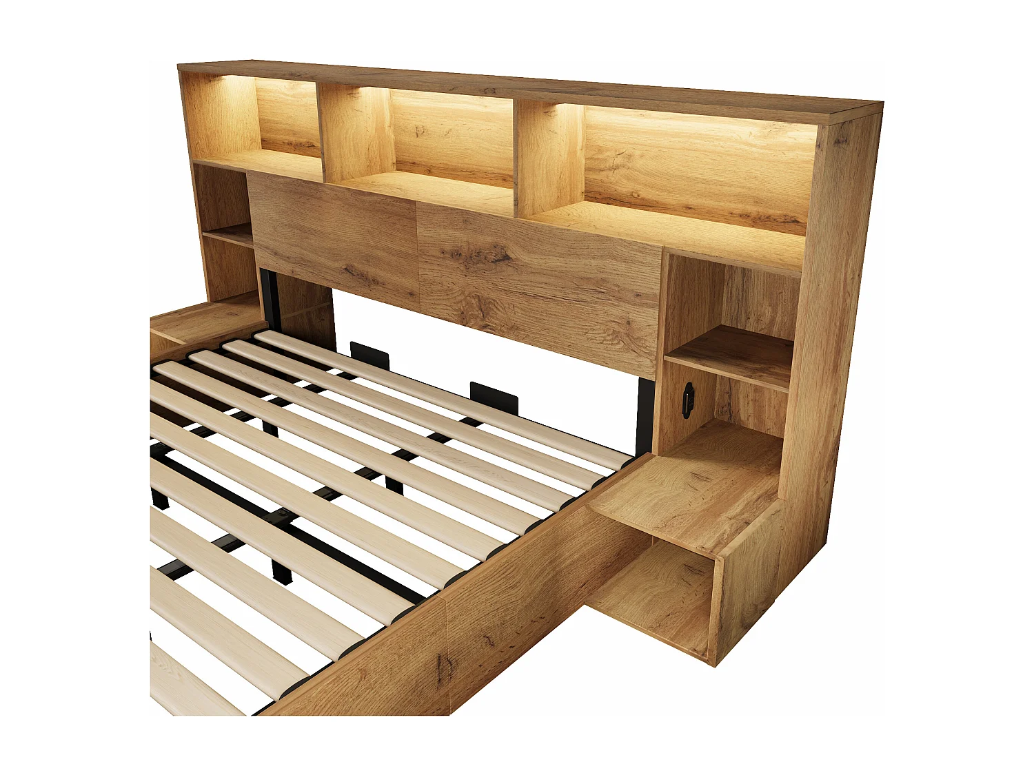 Lit coffre adulte 180x200cm à texture chêne - avec lumière LED et port USB-C - avec table de chevet intégrée - avec étagère - couleur chêne