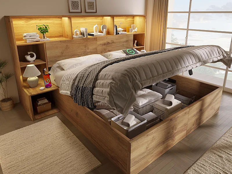 Cama con almacenamiento adulto 180x200cm con textura de roble - con luz LED y puerto USB-C - con mesita de noche integrada - con estante - color roble