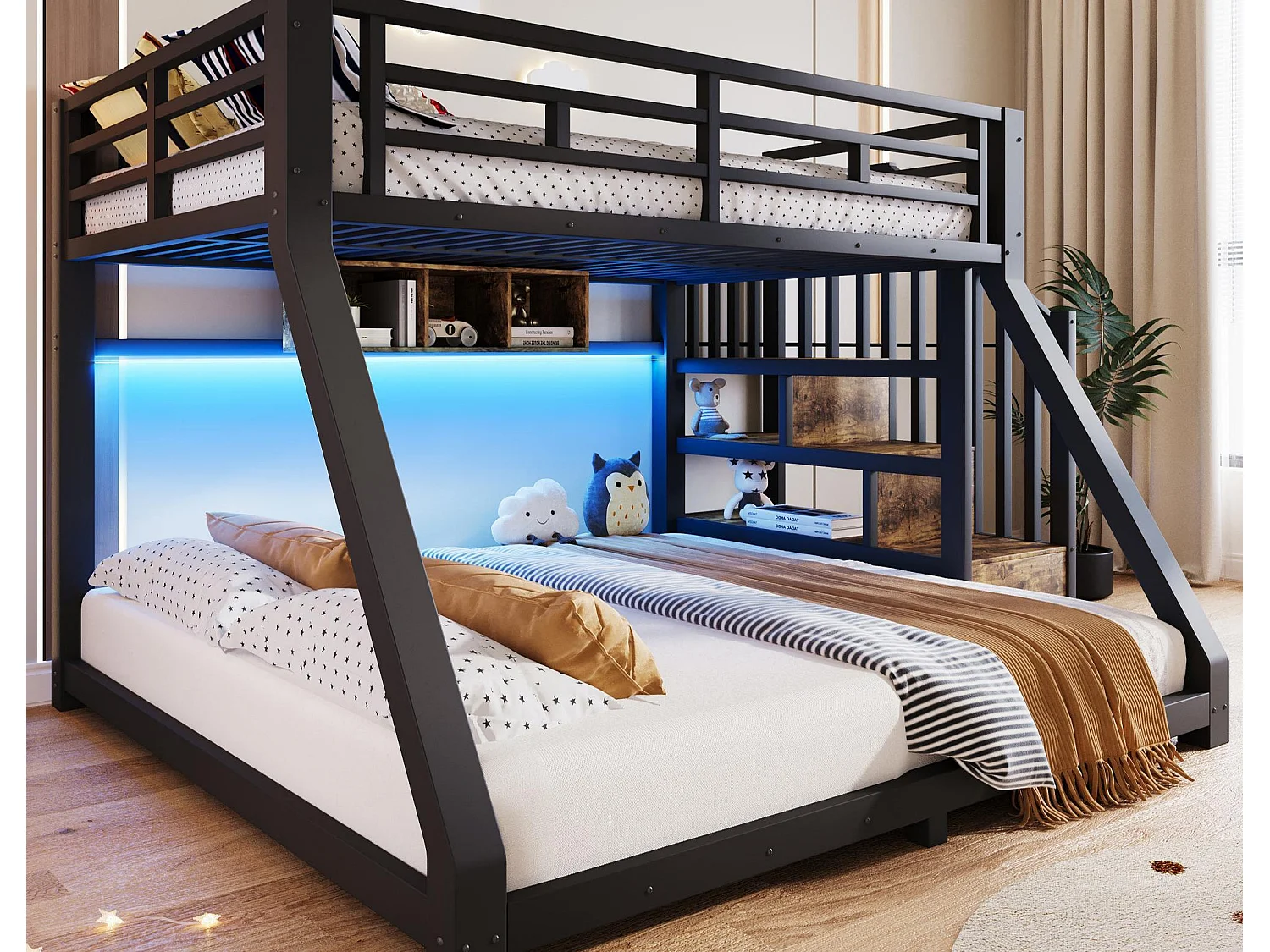 Etagenbett 90x200cm + 140x200cm - mit LED-Leiste - drei Staufächer - mit Leiter - schwarz​ (Matratze nicht inbegriffen)