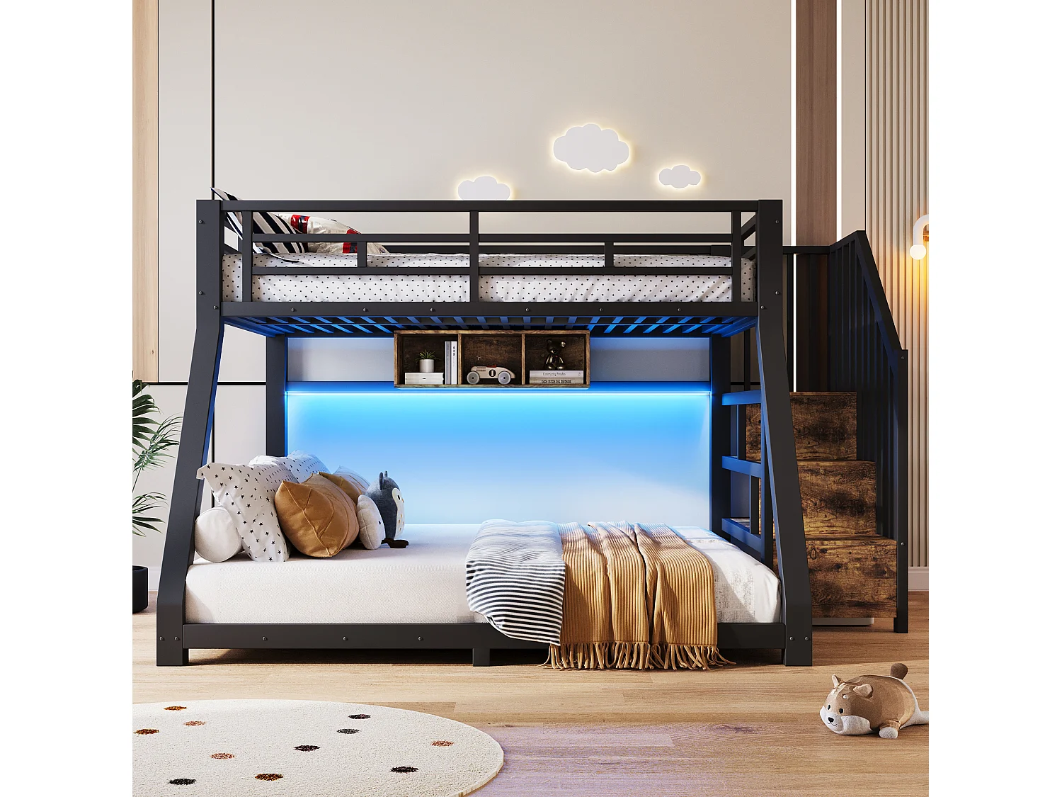 Etagenbett 90x200cm + 140x200cm - mit LED-Leiste - drei Staufächer - mit Leiter - schwarz​ (Matratze nicht inbegriffen)