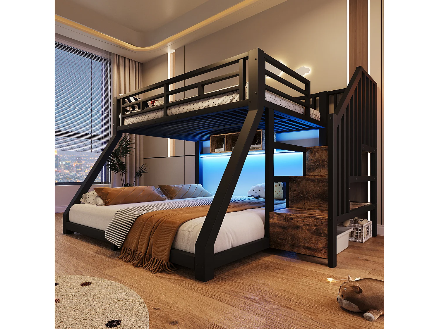 Etagenbett 90x200cm + 140x200cm - mit LED-Leiste - drei Staufächer - mit Leiter - schwarz​ (Matratze nicht inbegriffen)