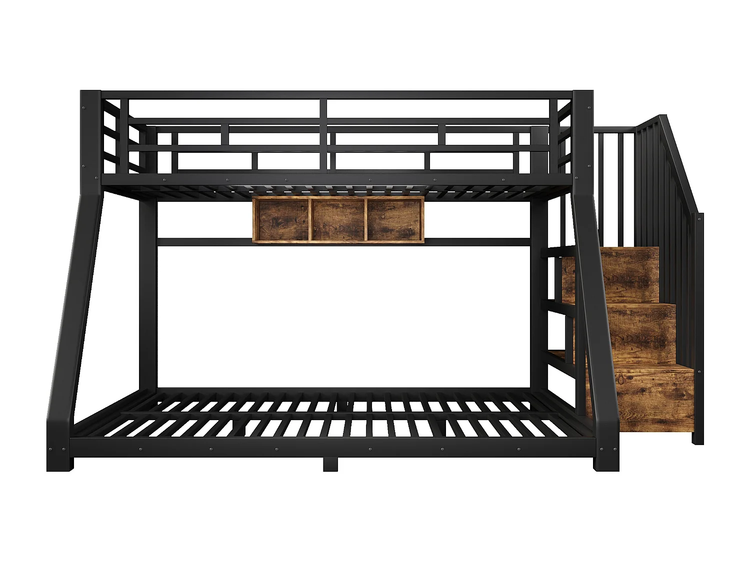 Etagenbett 90x200cm + 140x200cm - mit LED-Leiste - drei Staufächer - mit Leiter - schwarz​ (Matratze nicht inbegriffen)