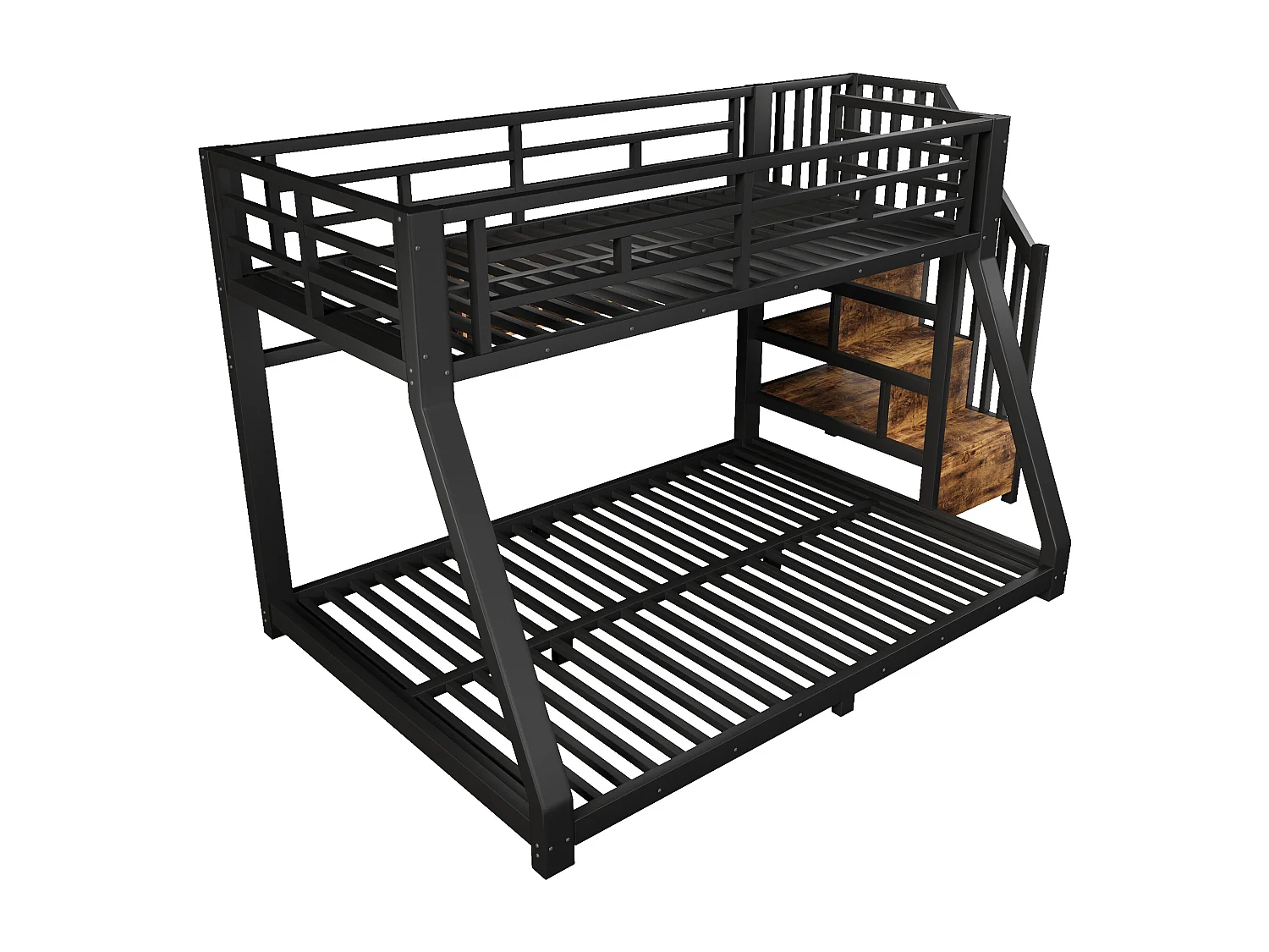 Etagenbett 90x200cm + 140x200cm - mit LED-Leiste - drei Staufächer - mit Leiter - schwarz​ (Matratze nicht inbegriffen)