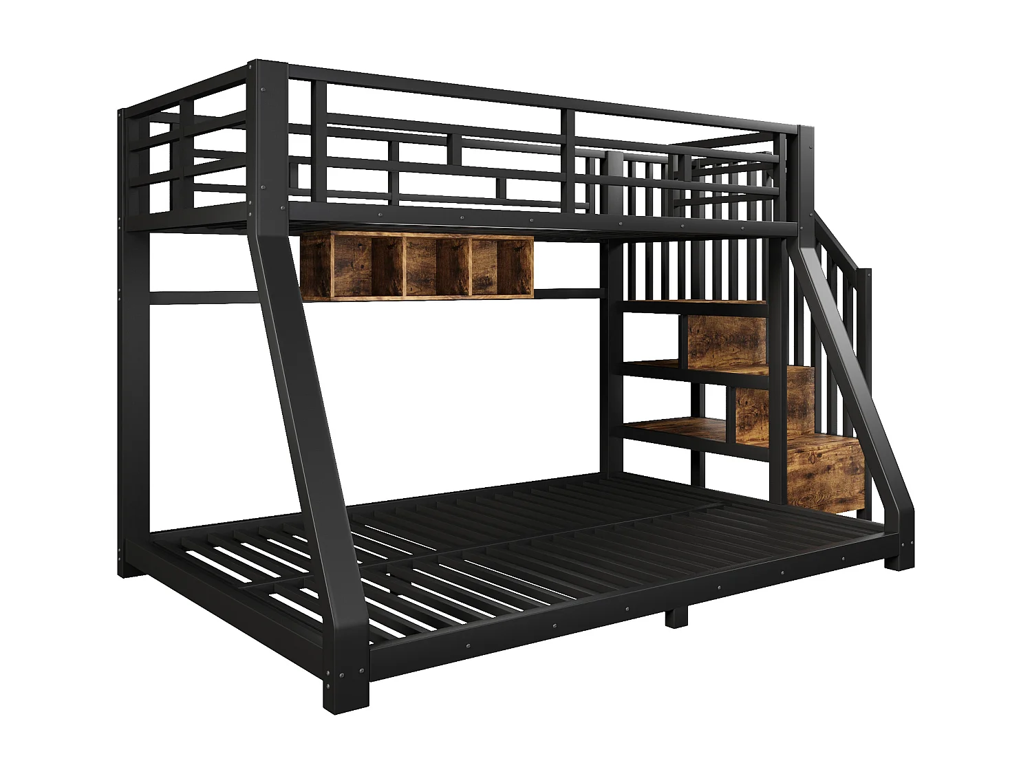 Etagenbett 90x200cm + 140x200cm - mit LED-Leiste - drei Staufächer - mit Leiter - schwarz​ (Matratze nicht inbegriffen)