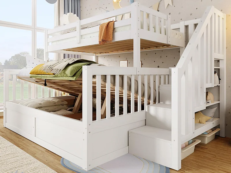 Etagenbett 90x200cm + 140x200cm - mit Leiter - mit Stauraum - weiß​ (Matratze nicht inbegriffen)