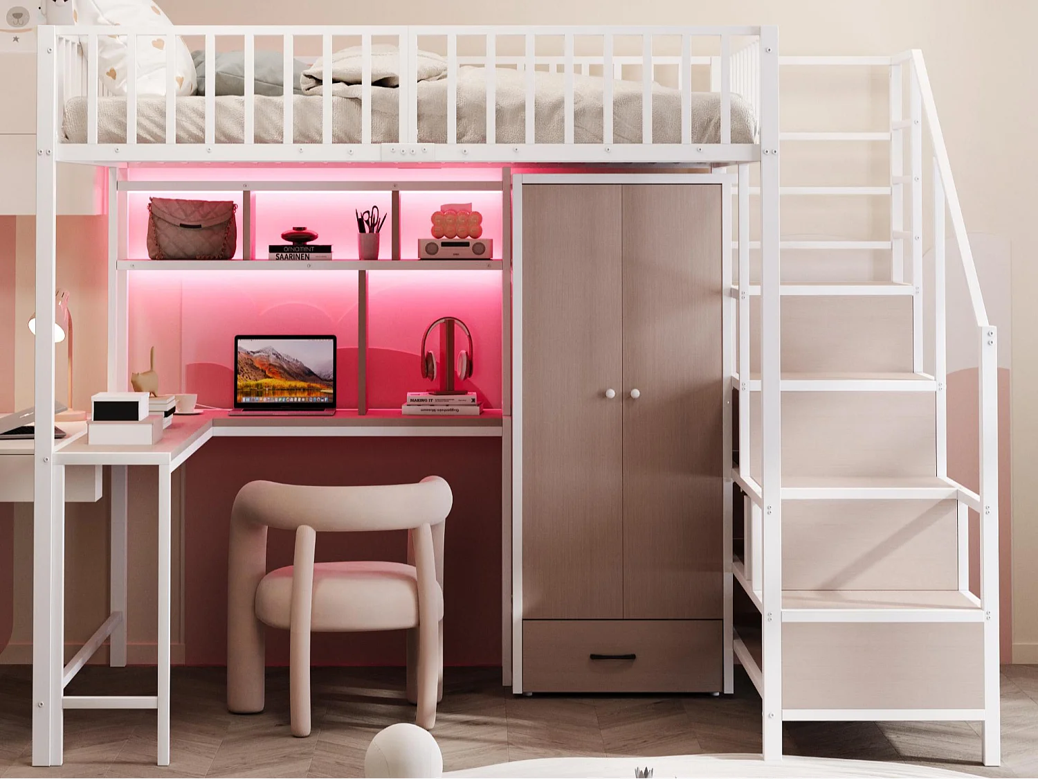 Lit mezzanine en métal 140x200 cm - avec armoire + 1 tiroir - avec échelle de rangement - avec prise de charge - avec éclairage LED - blanc (matelas non inclus)