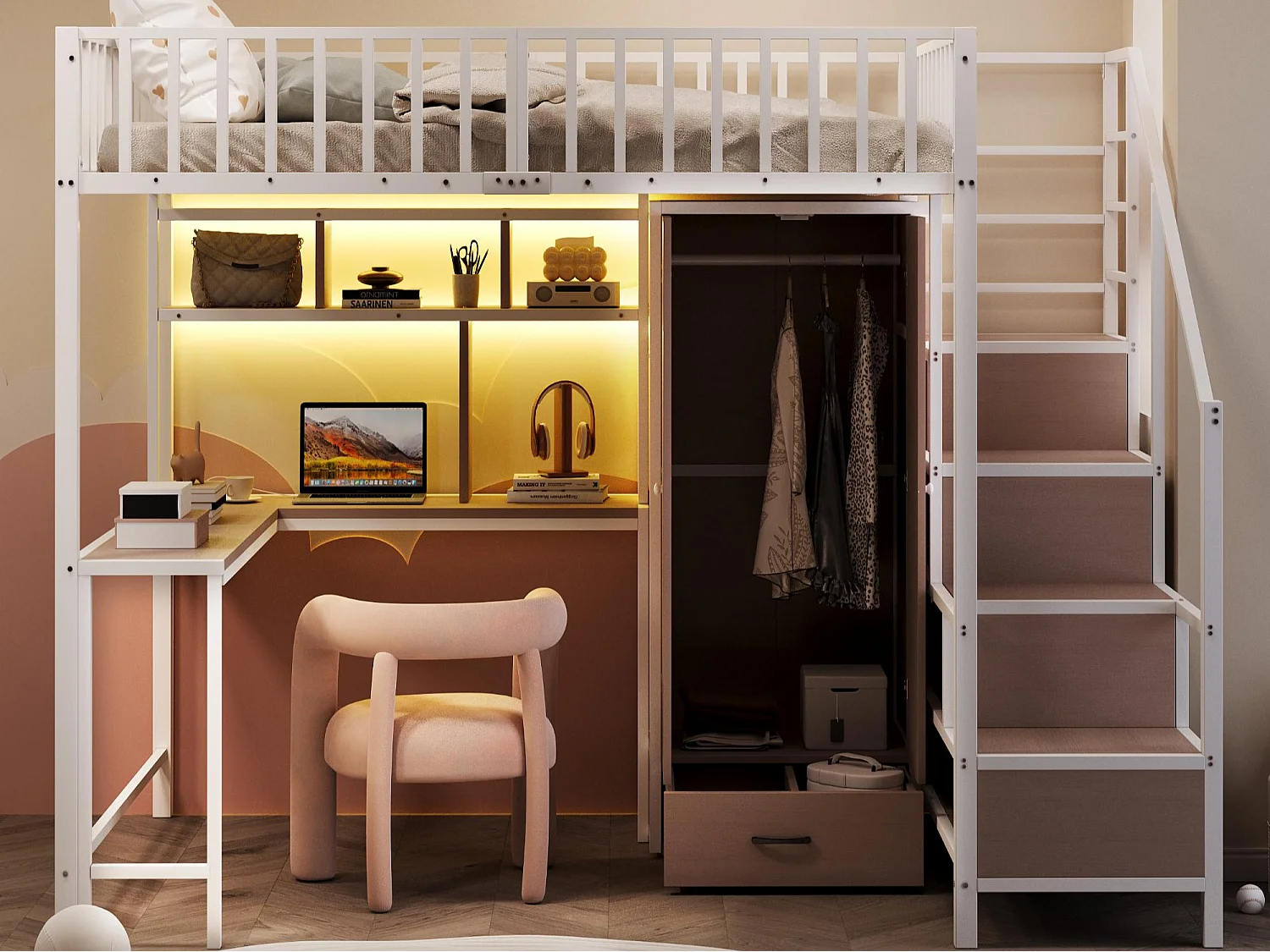 Lit mezzanine en métal 140x200 cm - avec armoire + 1 tiroir - avec échelle de rangement - avec prise de charge - avec éclairage LED - blanc (matelas non inclus)