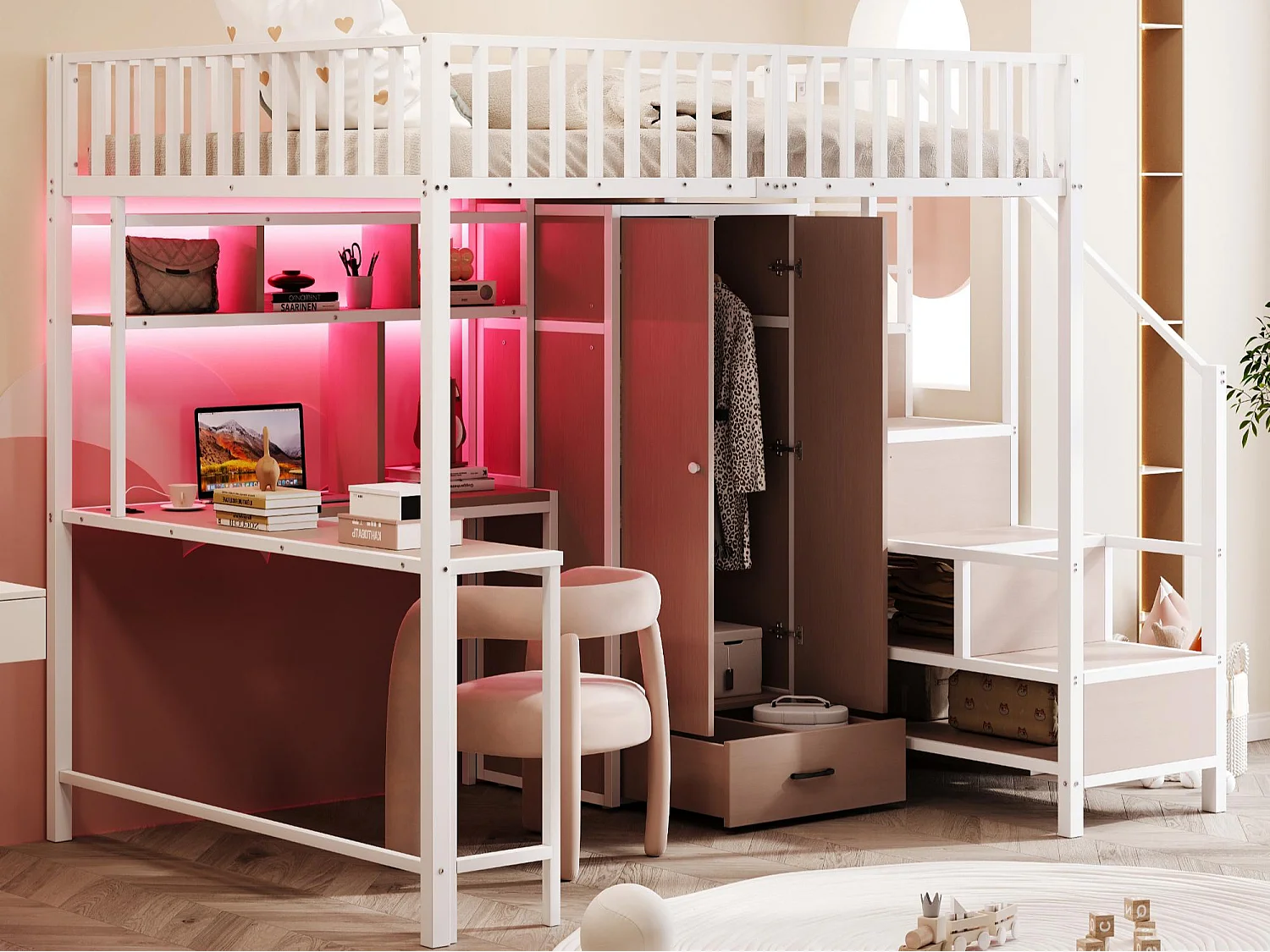 Lit mezzanine en métal 140x200 cm - avec armoire + 1 tiroir - avec échelle de rangement - avec prise de charge - avec éclairage LED - blanc (matelas non inclus)