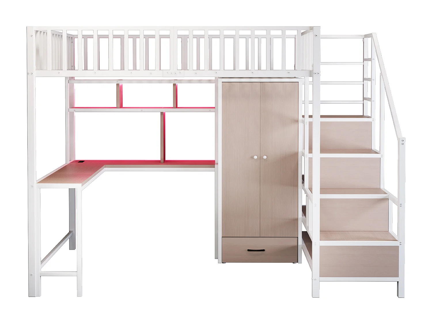 Lit mezzanine en métal 140x200 cm - avec armoire + 1 tiroir - avec échelle de rangement - avec prise de charge - avec éclairage LED - blanc (matelas non inclus)