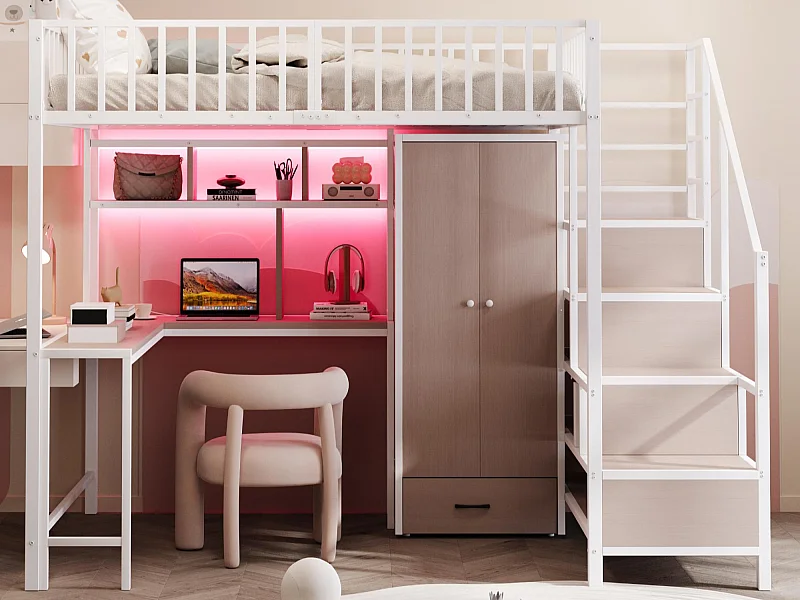 Lit mezzanine en métal 140x200 cm - avec armoire + 1 tiroir - avec échelle de rangement - avec prise de charge - avec éclairage LED - blanc (matelas non inclus)