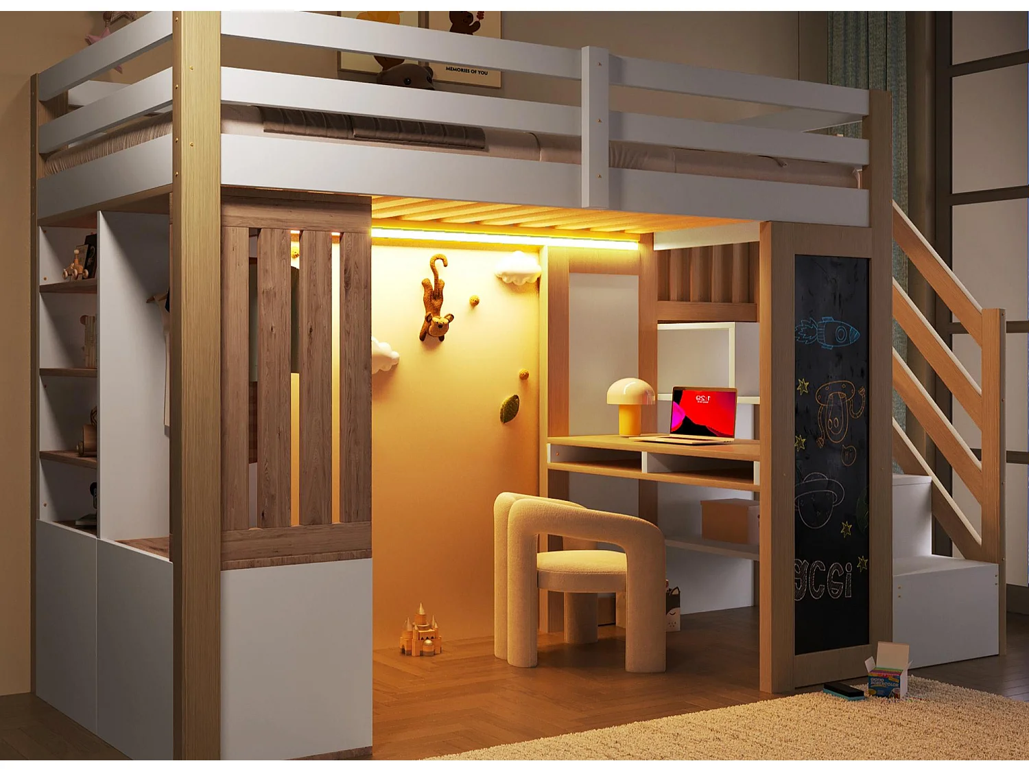 Lit mezzanine 90x200cm - avec LED -  Bureau et une armoire - Échelle de rangement et étagères - Tableau noir - Blanc + naturel