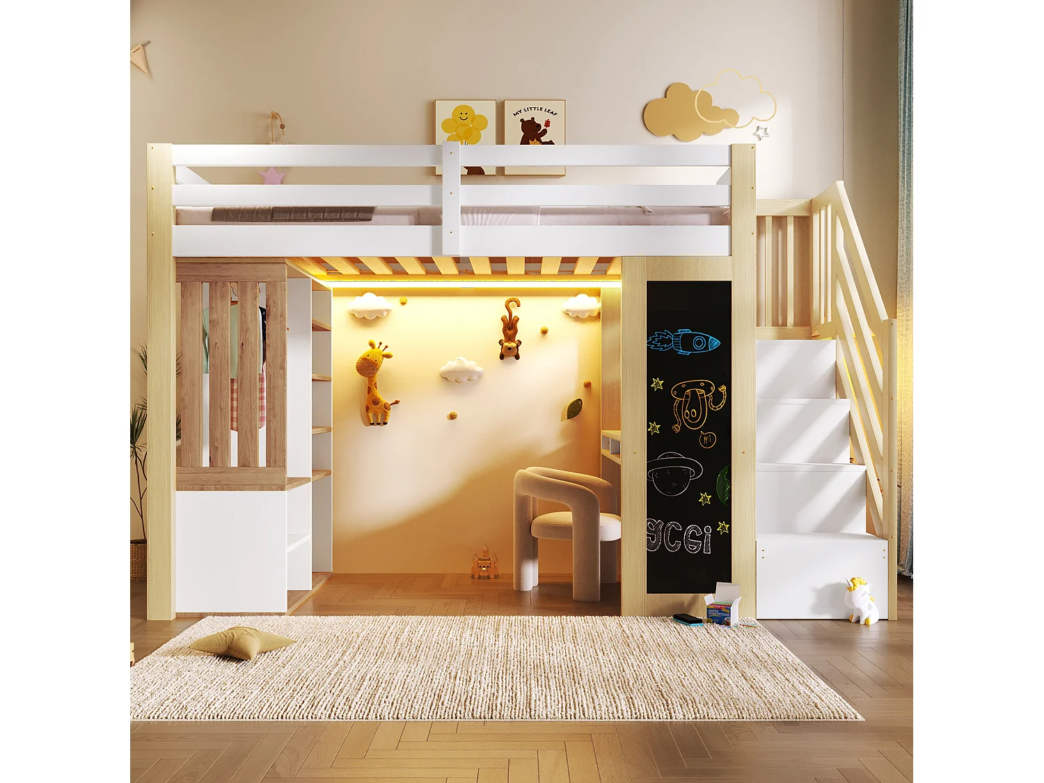 Lit mezzanine 90x200cm - avec LED -  Bureau et une armoire - Échelle de rangement et étagères - Tableau noir - Blanc + naturel