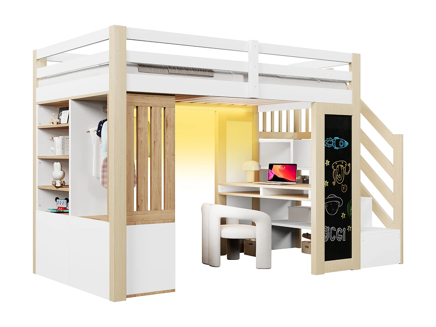 Lit mezzanine 90x200cm - avec LED -  Bureau et une armoire - Échelle de rangement et étagères - Tableau noir - Blanc + naturel
