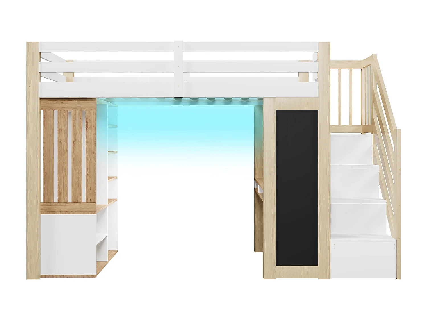 Lit mezzanine 90x200cm - avec LED -  Bureau et une armoire - Échelle de rangement et étagères - Tableau noir - Blanc + naturel