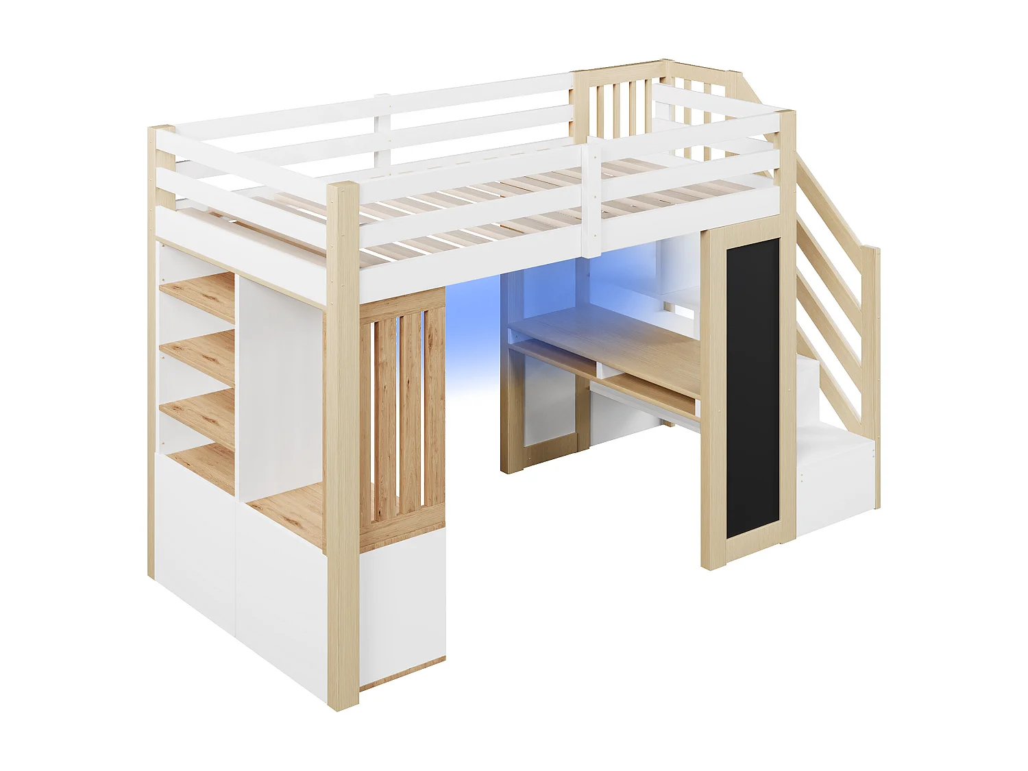 Lit mezzanine 90x200cm - avec LED -  Bureau et une armoire - Échelle de rangement et étagères - Tableau noir - Blanc + naturel