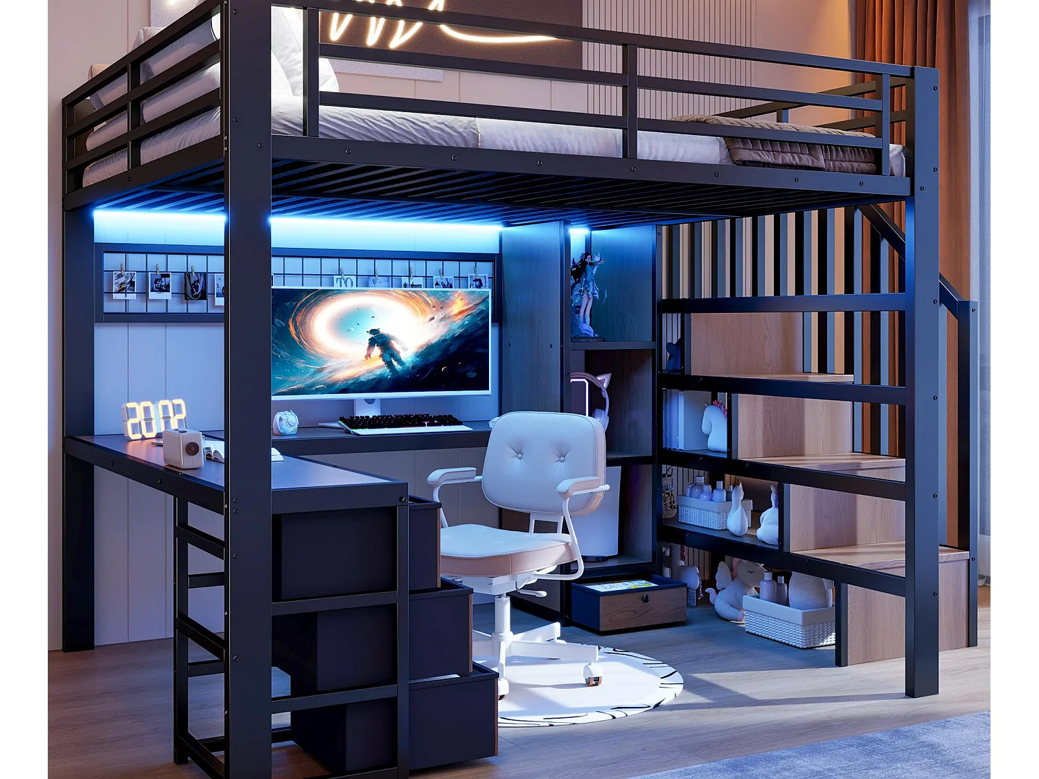 Lit mezzanine 140x200 cm - Structure en fer - Compartiments de rangement - 4 tiroirs - Éclairage LED - Bureau - Escalier - noir (matelas non inclus)