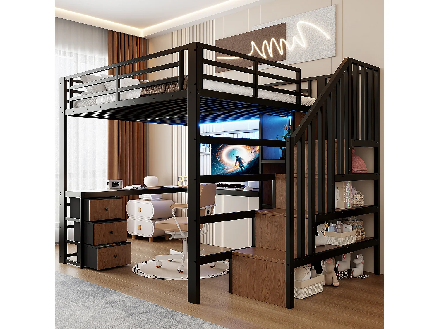 Lit mezzanine 140x200 cm - Structure en fer - Compartiments de rangement - 4 tiroirs - Éclairage LED - Bureau - Escalier - noir (matelas non inclus)