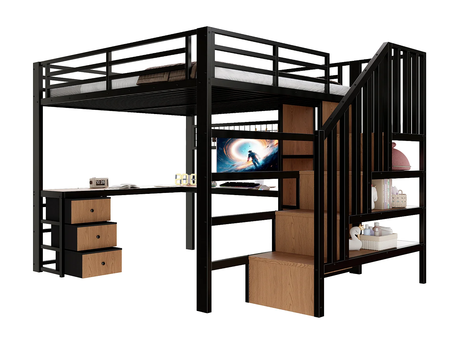 Lit mezzanine 140x200 cm - Structure en fer - Compartiments de rangement - 4 tiroirs - Éclairage LED - Bureau - Escalier - noir (matelas non inclus)