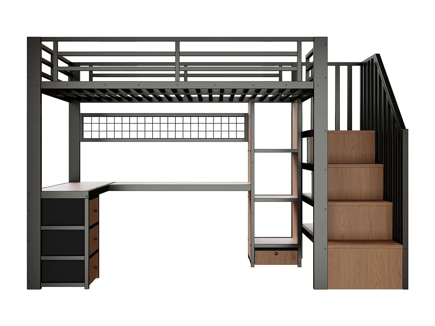 Lit mezzanine 140x200 cm - Structure en fer - Compartiments de rangement - 4 tiroirs - Éclairage LED - Bureau - Escalier - noir (matelas non inclus)