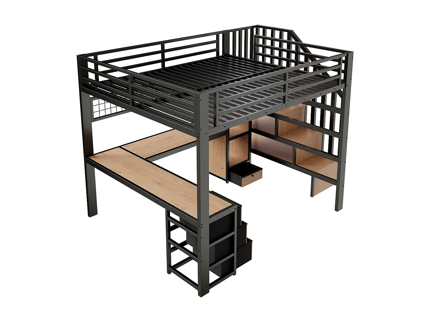 Lit mezzanine 140x200 cm - Structure en fer - Compartiments de rangement - 4 tiroirs - Éclairage LED - Bureau - Escalier - noir (matelas non inclus)