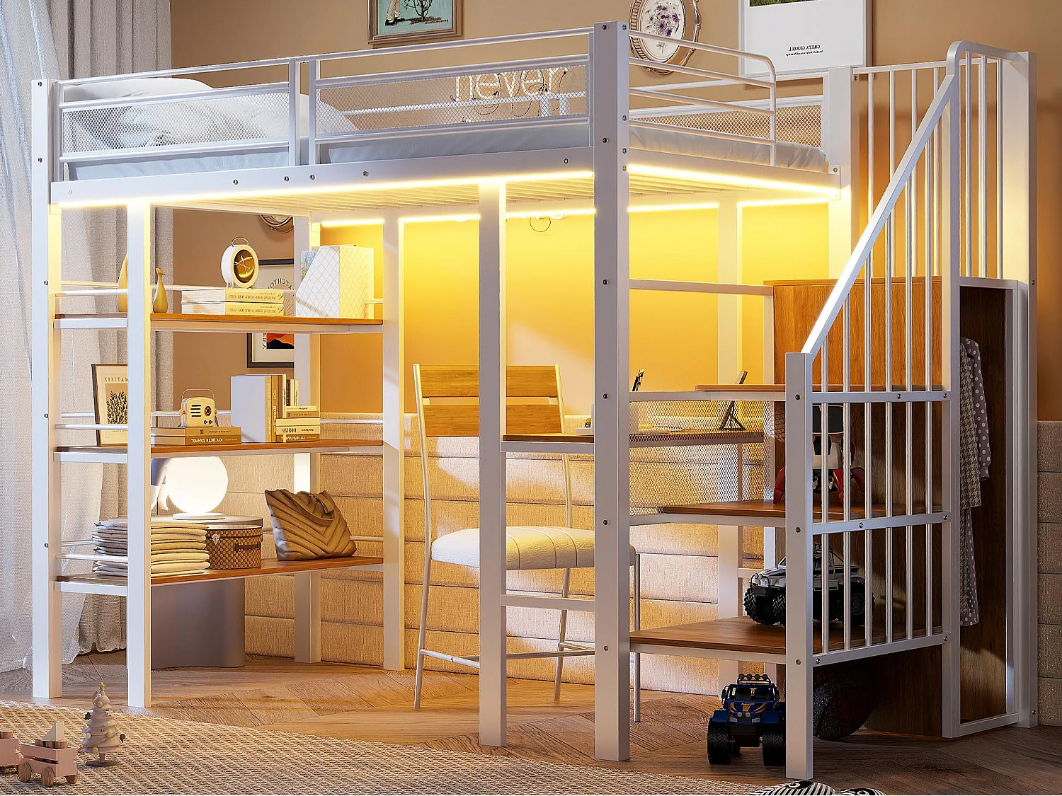 Lit mezzanine 90x200 cm - avec éclairage LED et prise électrique - avec compartiments de rangement - avec étagère - blanc (matelas non inclus)