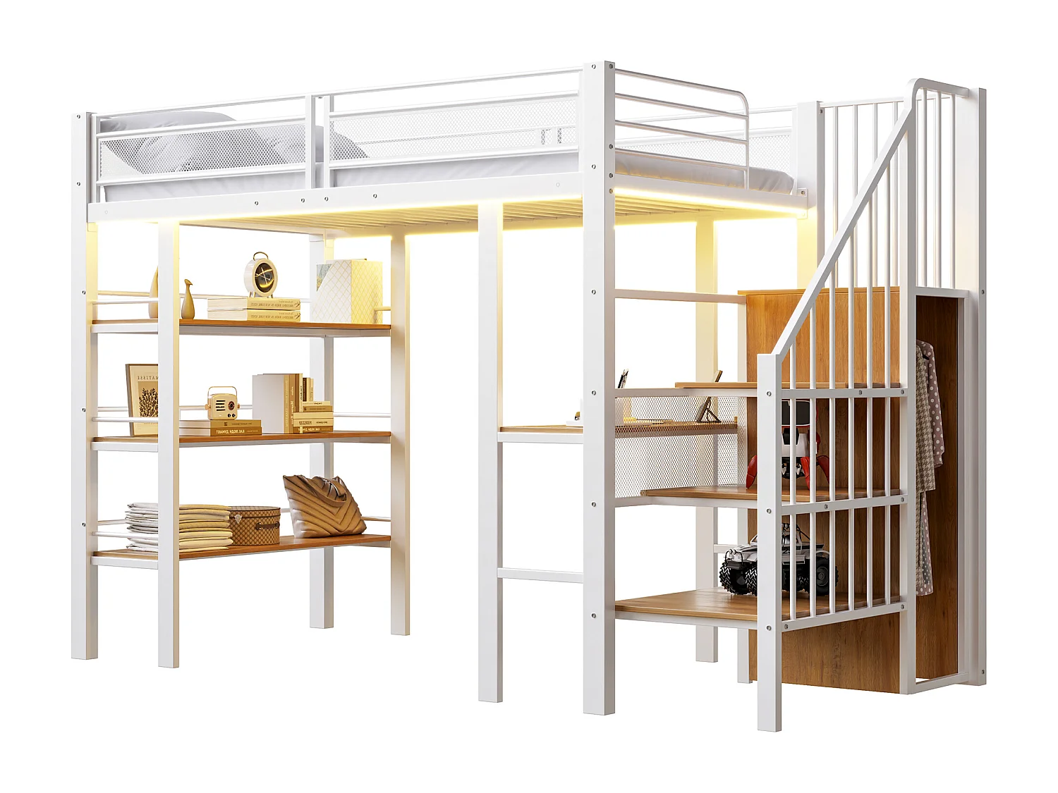 Lit mezzanine 90x200 cm - avec éclairage LED et prise électrique - avec compartiments de rangement - avec étagère - blanc (matelas non inclus)