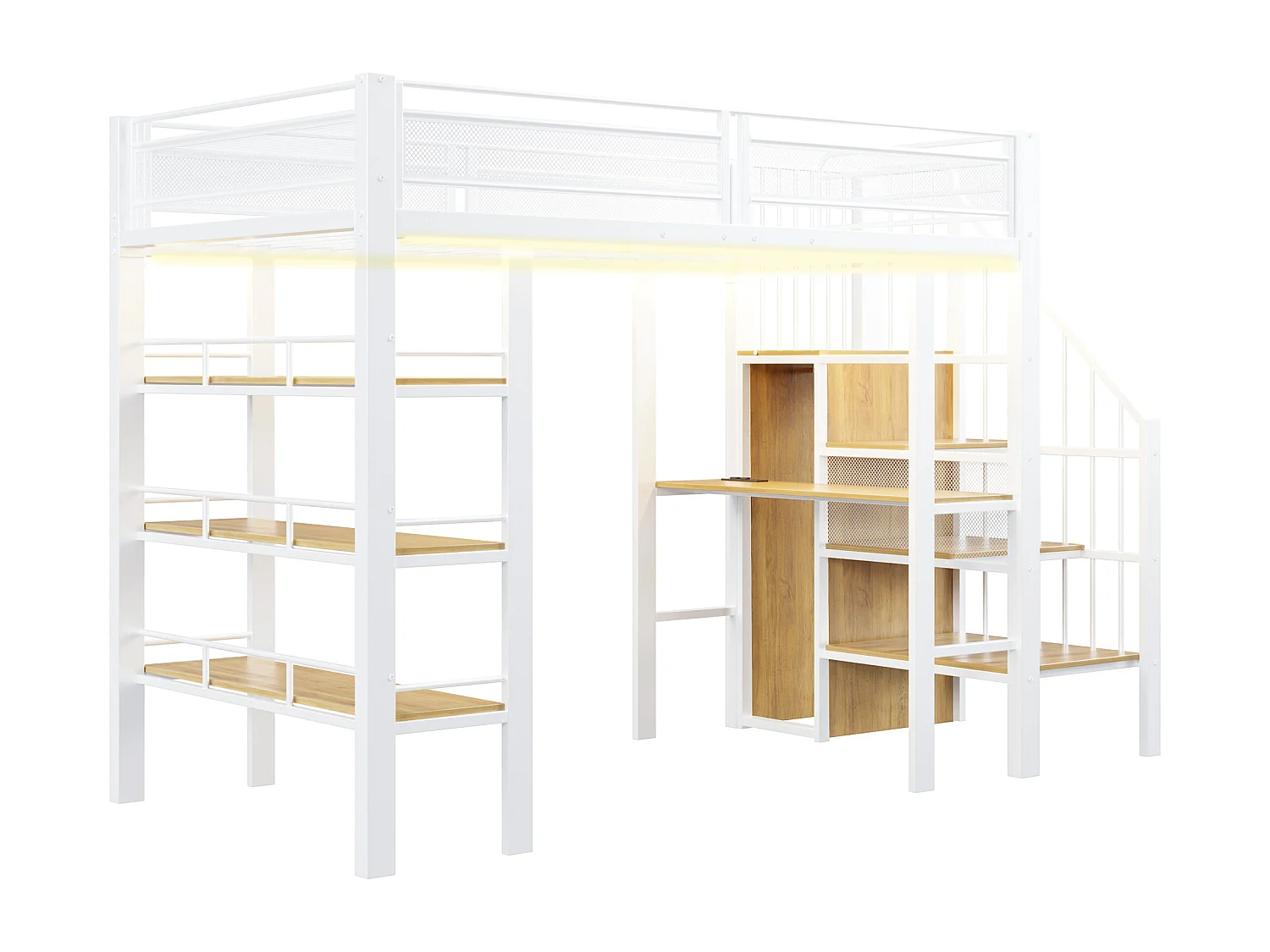 Lit mezzanine 90x200 cm - avec éclairage LED et prise électrique - avec compartiments de rangement - avec étagère - blanc (matelas non inclus)