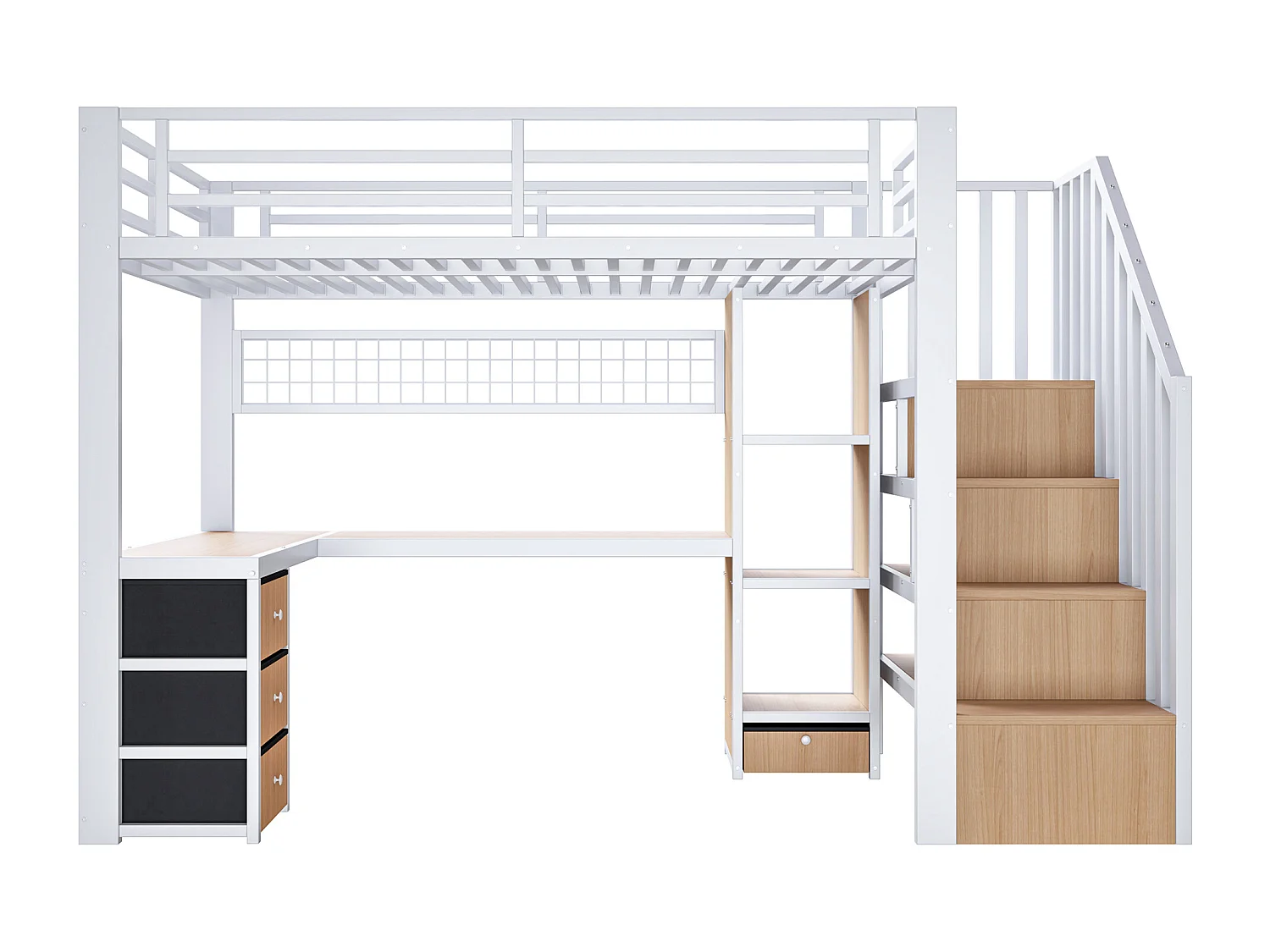 Lit mezzanine 90x200 cm - Structure en fer - Compartiments de rangement - 4 tiroirs - Éclairage LED - Bureau - Escalier - Blanc (matelas non inclus)