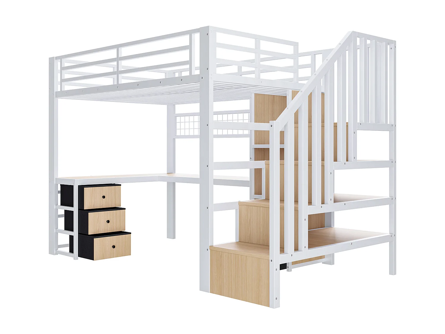 Lit mezzanine 90x200 cm - Structure en fer - Compartiments de rangement - 4 tiroirs - Éclairage LED - Bureau - Escalier - Blanc (matelas non inclus)