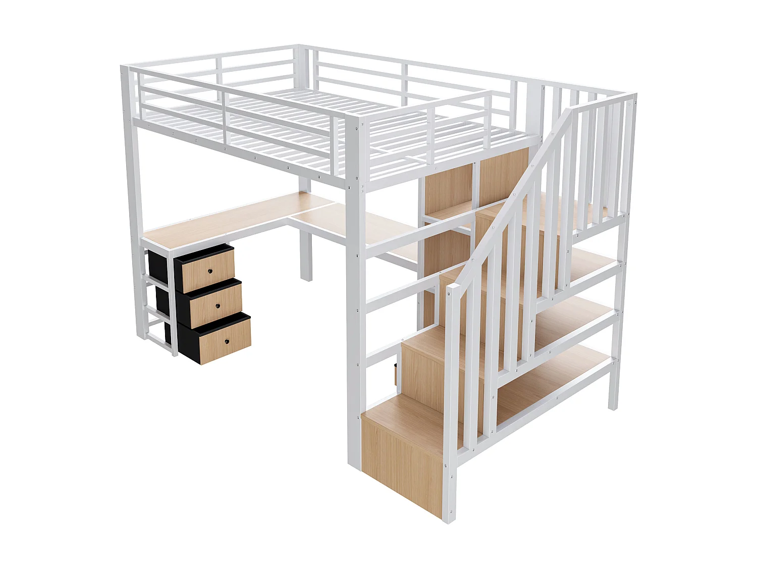 Lit mezzanine 90x200 cm - Structure en fer - Compartiments de rangement - 4 tiroirs - Éclairage LED - Bureau - Escalier - Blanc (matelas non inclus)