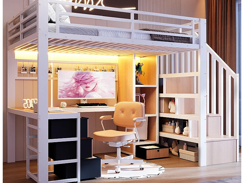 Lit mezzanine 90x200 cm - Structure en fer - Compartiments de rangement - 4 tiroirs - Éclairage LED - Bureau - Escalier - Blanc (matelas non inclus)