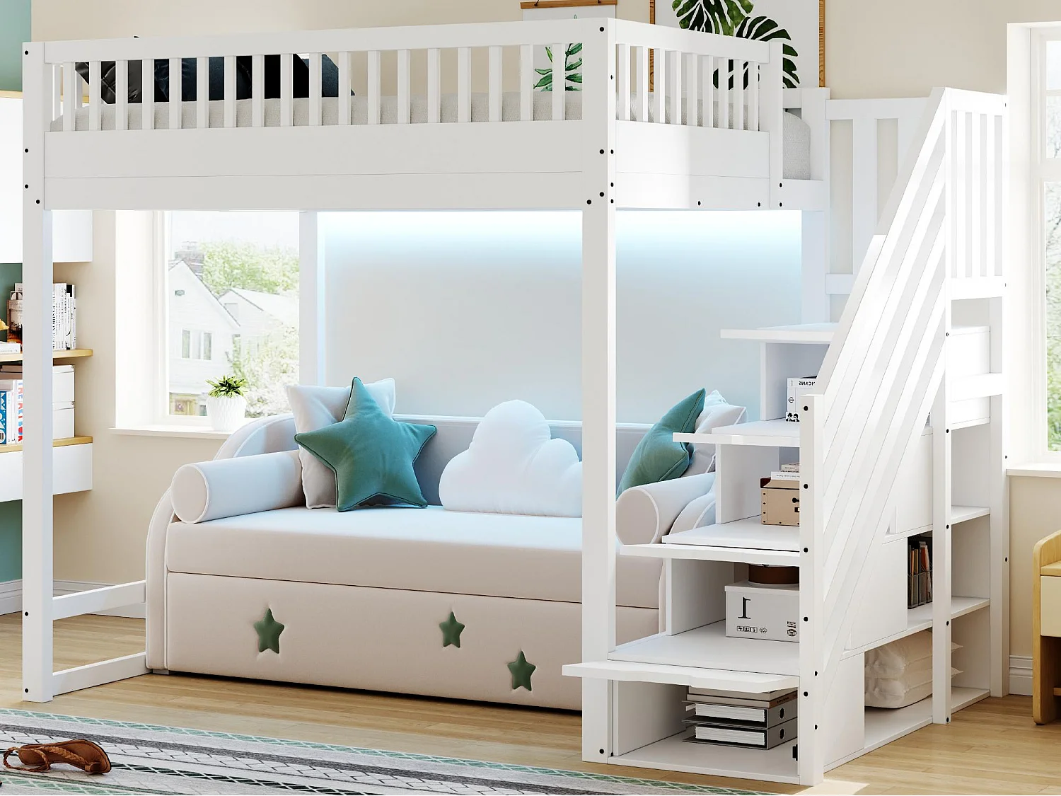 Lit mezzanine 140x200 cm - avec échelle de sécurité - avec barrières de sécurité - équipé de lumières LED - blanc (matelas non inclus)