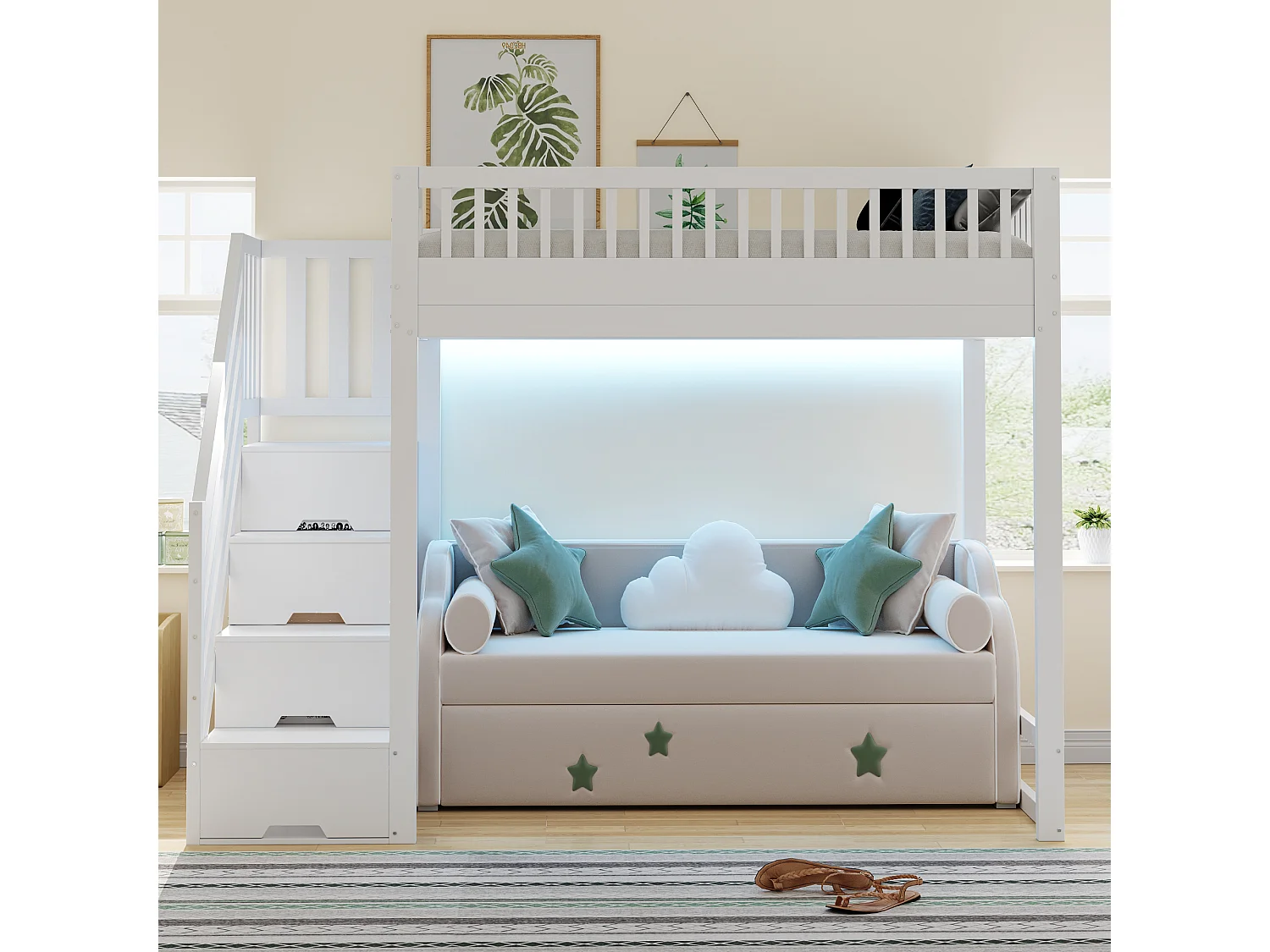 Lit mezzanine 140x200 cm - avec échelle de sécurité - avec barrières de sécurité - équipé de lumières LED - blanc (matelas non inclus)