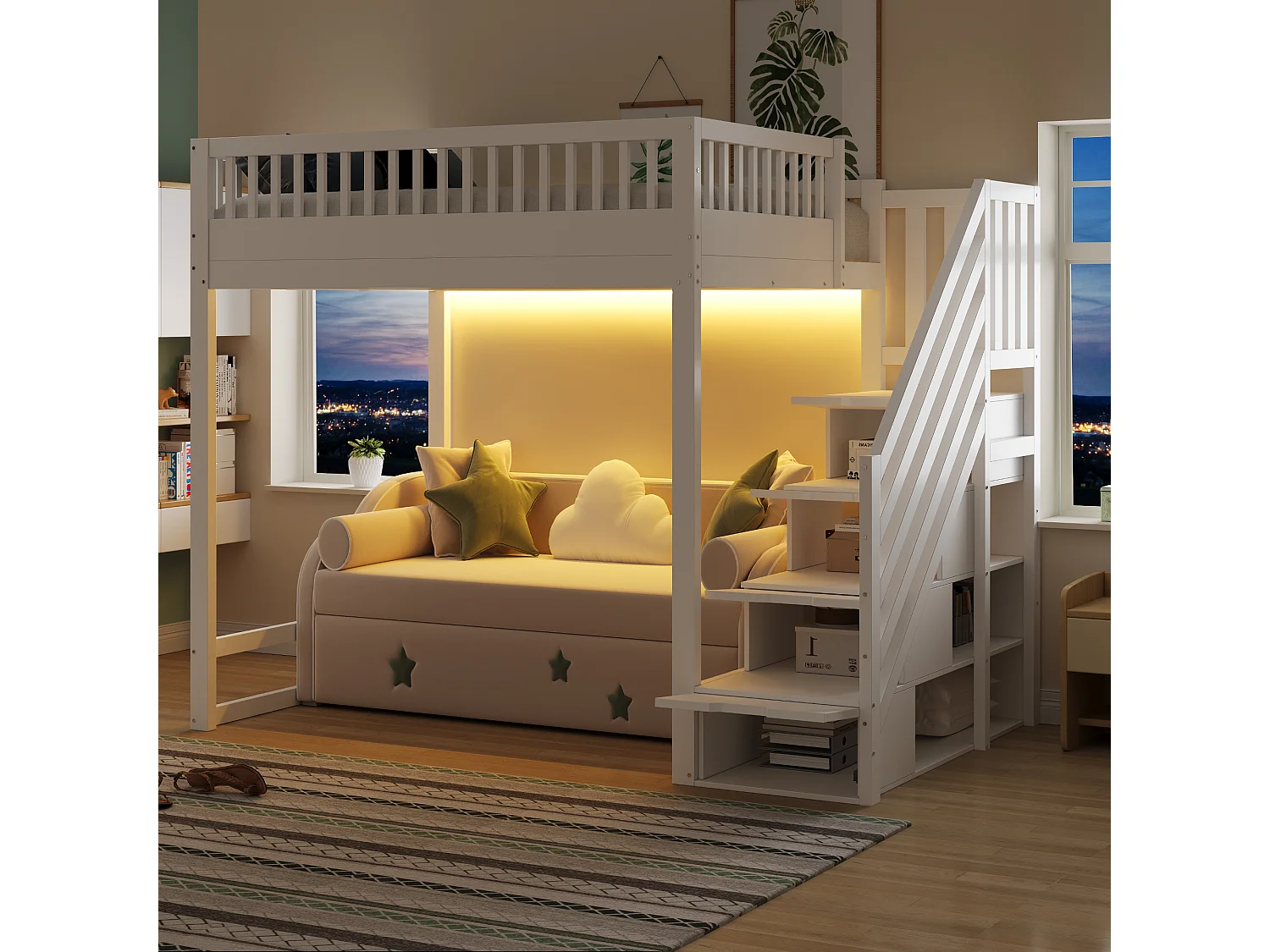 Lit mezzanine 140x200 cm - avec échelle de sécurité - avec barrières de sécurité - équipé de lumières LED - blanc (matelas non inclus)