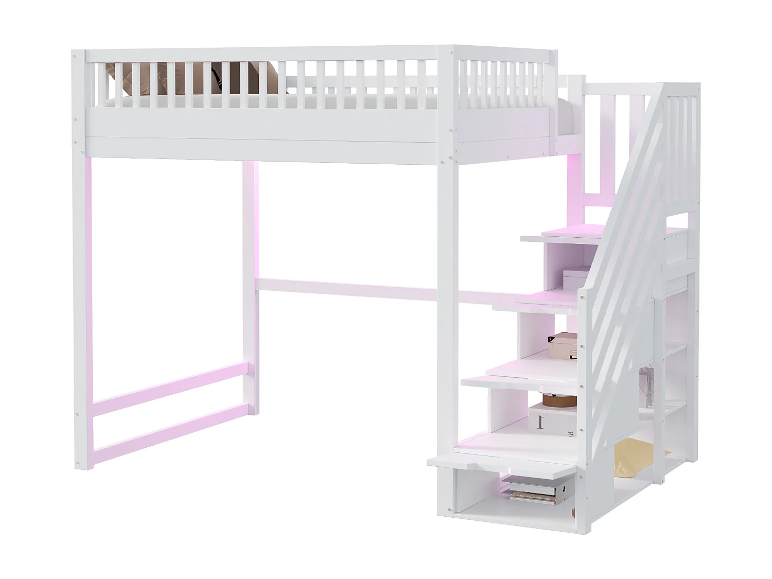 Lit mezzanine 140x200 cm - avec échelle de sécurité - avec barrières de sécurité - équipé de lumières LED - blanc (matelas non inclus)