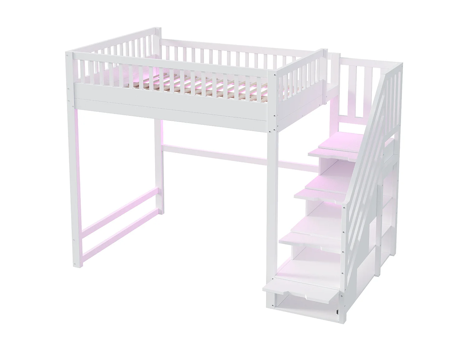 Lit mezzanine 140x200 cm - avec échelle de sécurité - avec barrières de sécurité - équipé de lumières LED - blanc (matelas non inclus)