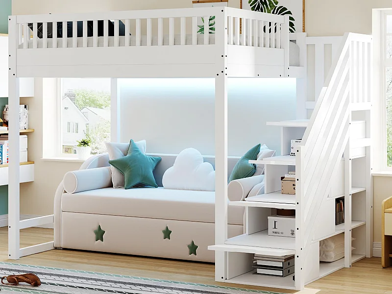 Lit mezzanine 140x200 cm - avec échelle de sécurité - avec barrières de sécurité - équipé de lumières LED - blanc (matelas non inclus)