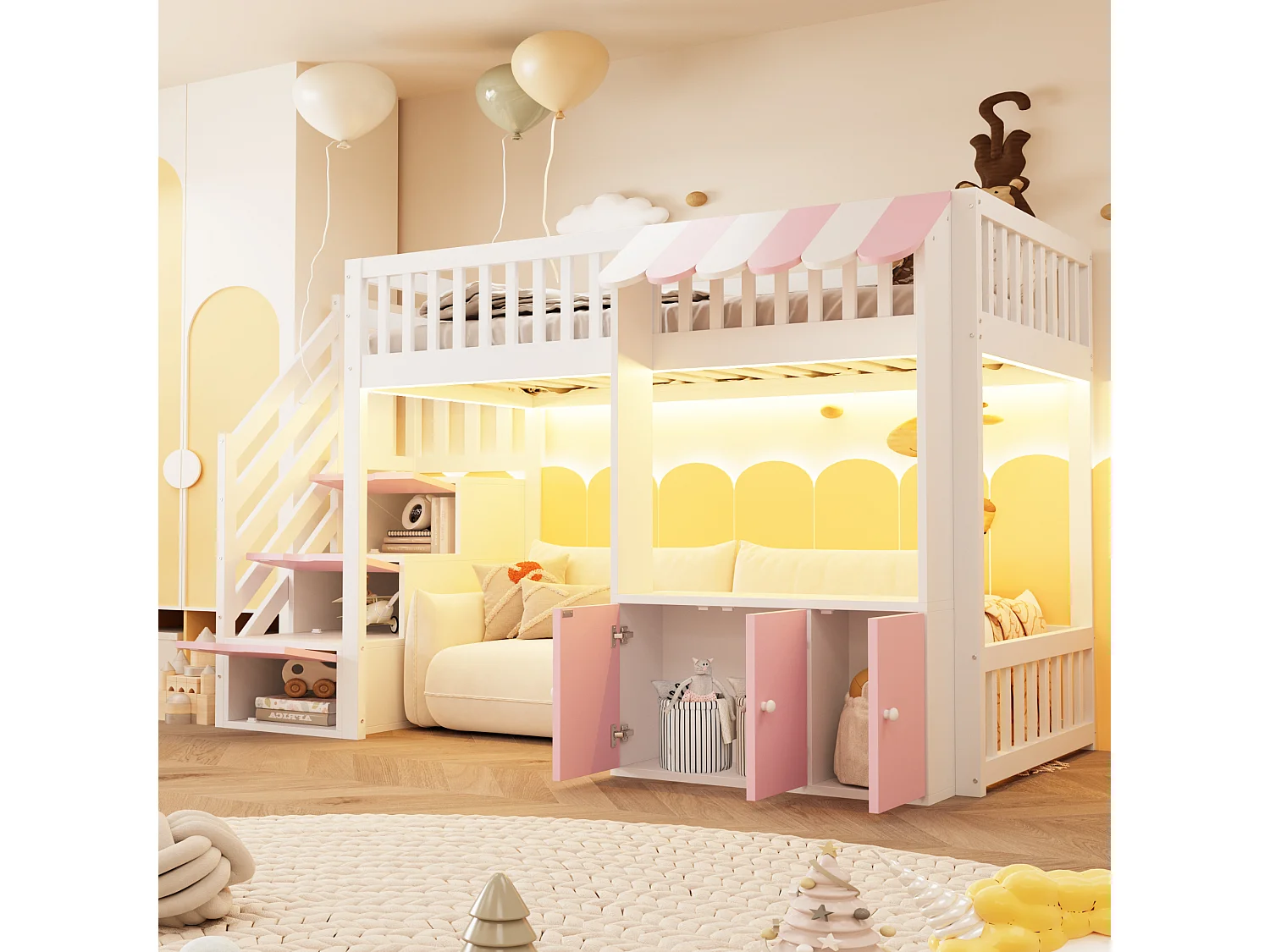 Lit mezzanine en bois 90x200cm - avec armoire - escalier de rangement - avec éclairage LED - rose (matelas non inclus)